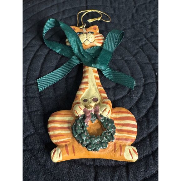 Striped Cat Christmas Ornament With Green Ribbon & Wreath - Picture 6 of 12